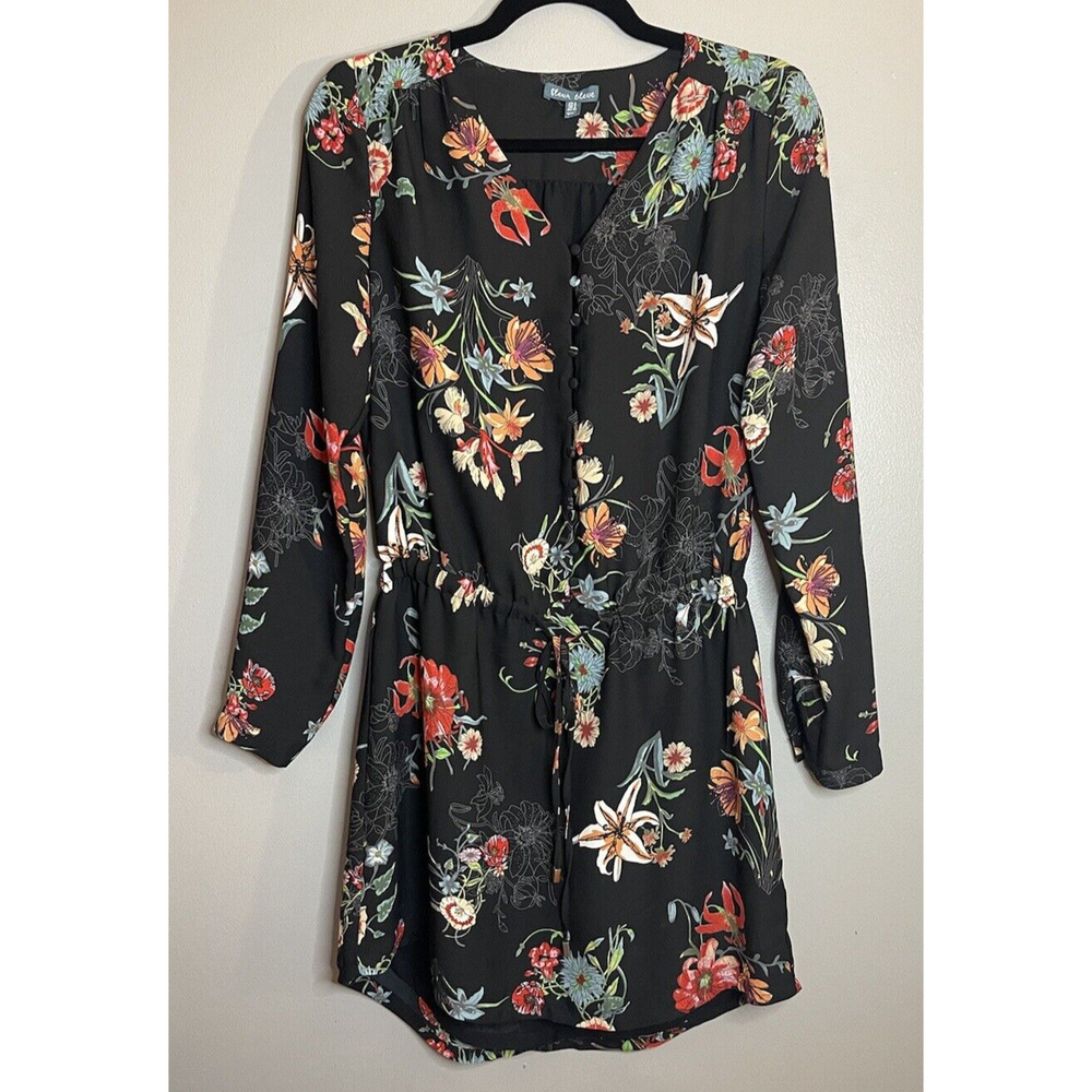 Fleur Bleue Floral Black Sinched Waist Dress Size 0 Mini Length with Butttons